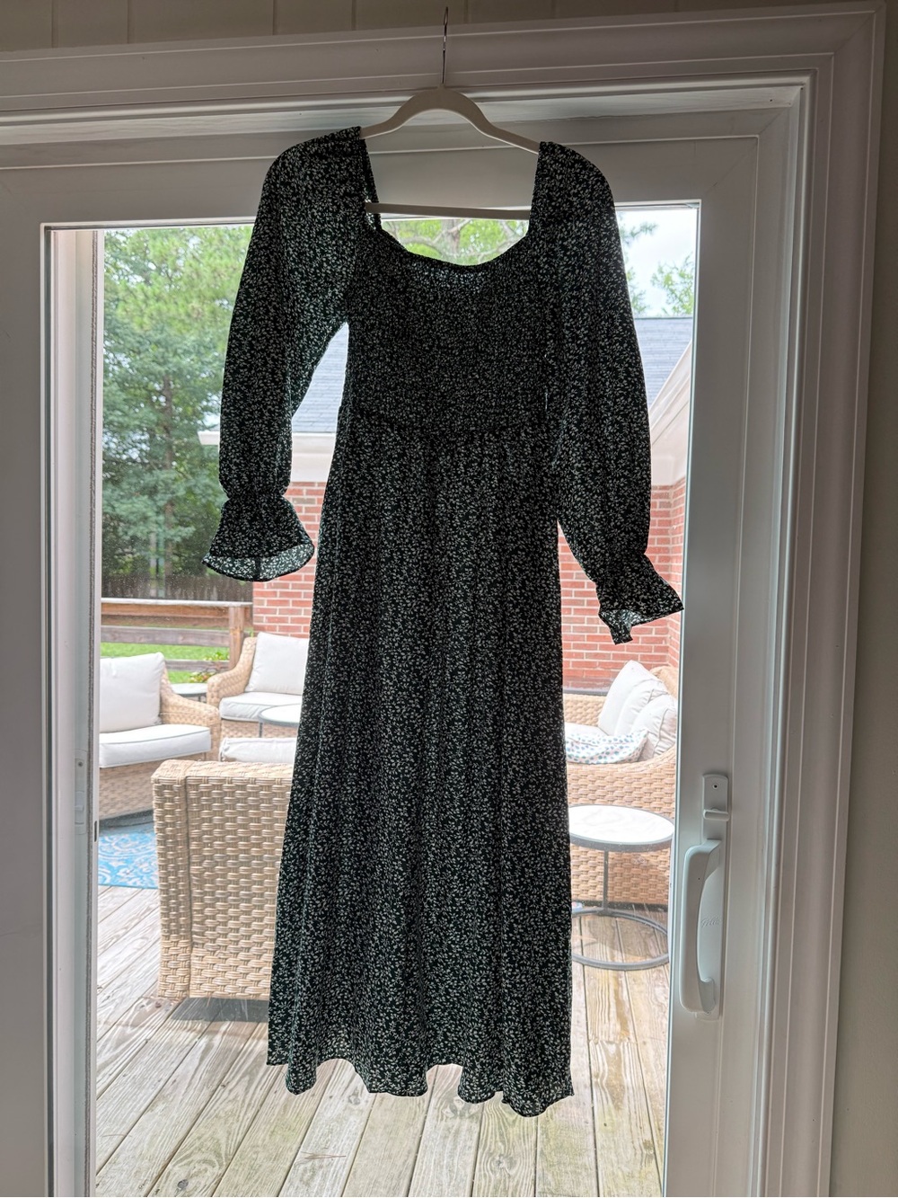 SHEIN Black Floral Square-Neck Long Sleeve Maxi Dress